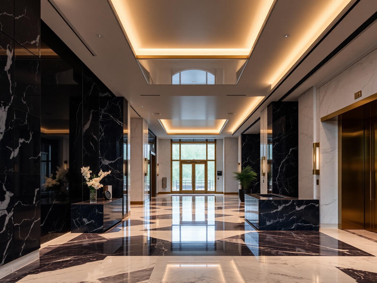 Marble and brass institutional lobby interior